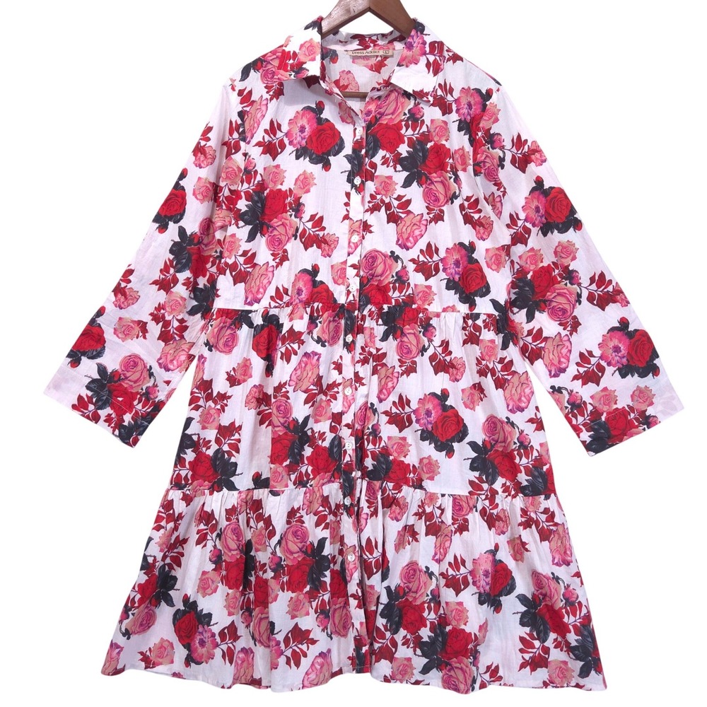 Dress Addict Floral Rose Print Tiered Shirt Dress L Cotton Button Down Roll Tab